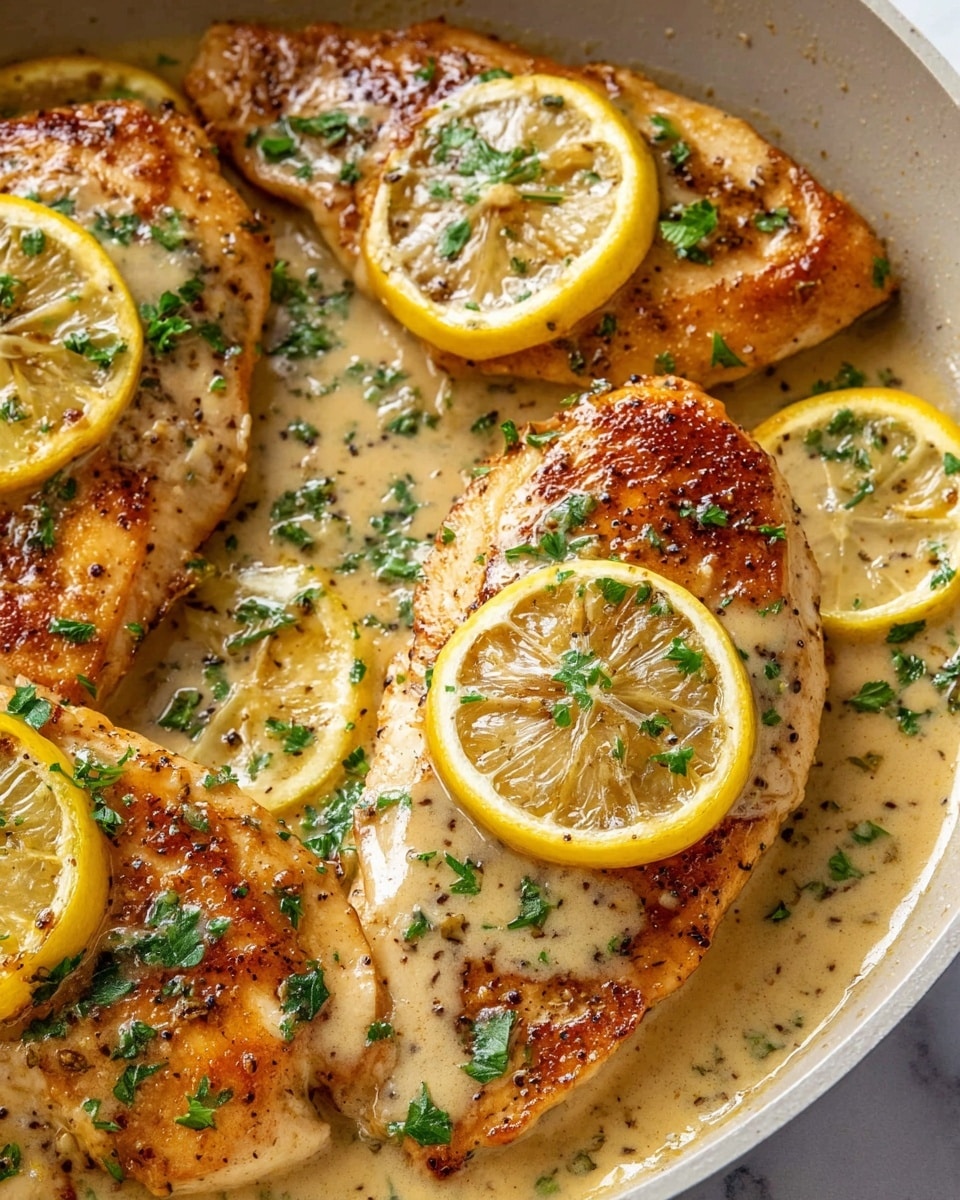 A close-up of three golden brown seared chicken breasts in a white pan, each topped with a slice of cooked lemon with light browning and fresh green parsley sprinkled all over. The chicken pieces sit in a thick, creamy, light beige sauce with visible specks of pepper and herbs. Additional lemon slices float in the sauce, adding yellow and green color contrasts against the juicy chicken and sauce. The white marbled surface beneath the pan adds a clean and bright background. photo taken with an iphone --ar 4:5 --v 7