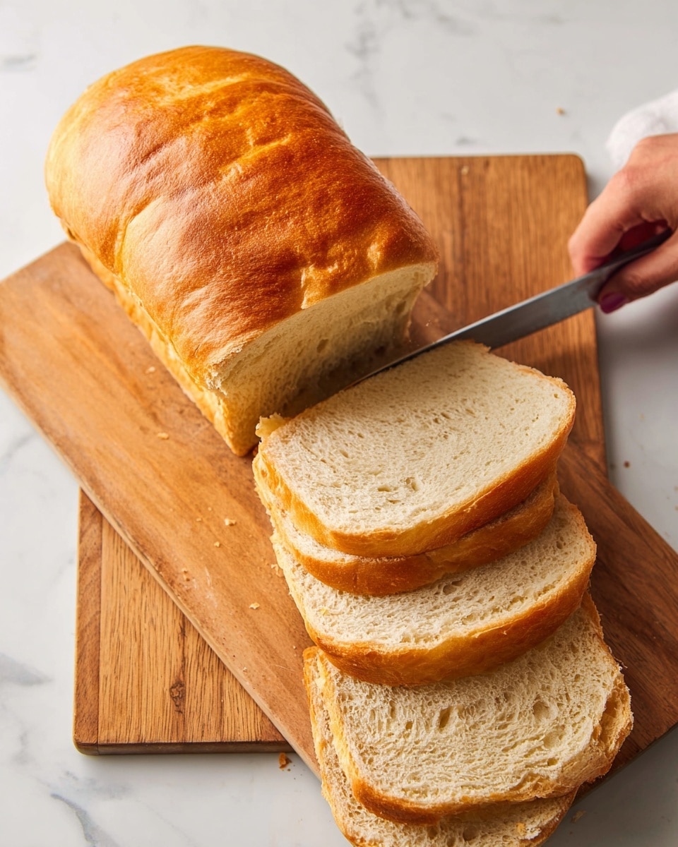 A loaf of golden brown bread is shown on a wooden cutting board with five slices cut and fanned out to the right. The bread has a soft, light beige inside with a slightly chewy texture, and a crust that is smooth and shiny with a warm golden color. A woman's hand is slicing the bread with a silver knife, cutting the next slice. The scene is set on a white marbled surface. photo taken with an iphone --ar 4:5 --v 7