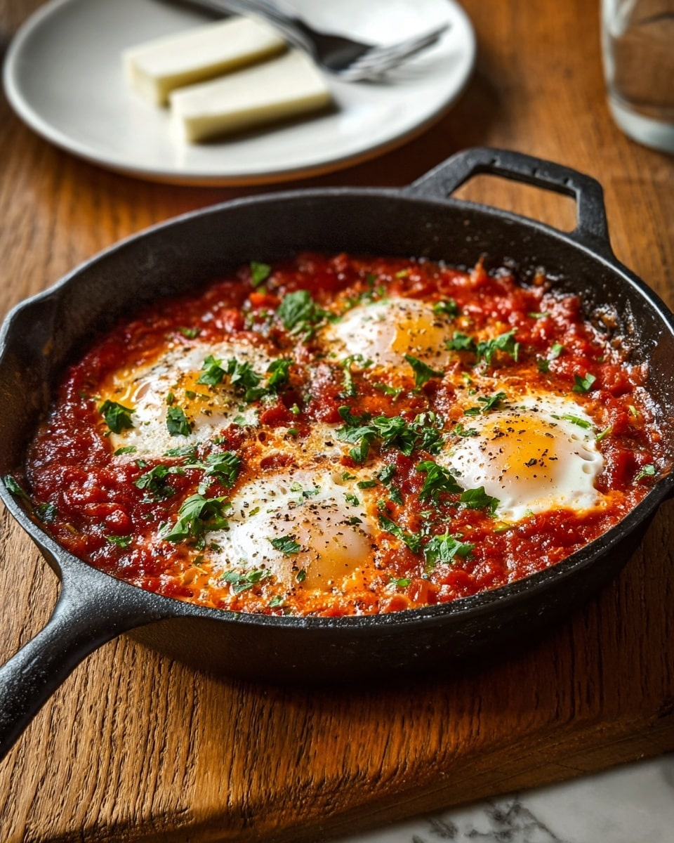 A black cast iron pan with a thick layer of chunky, bright red tomato sauce on the bottom holds four baked eggs spaced evenly. Each egg has a glossy white layer with a golden-yellow yolk in the center, sprinkled lightly with black pepper and finely chopped green herbs. Fresh green parsley leaves are scattered on top of the eggs and sauce. In the background, there is a white plate with two slices of soft white cheese and a fork. The whole scene sits on a wooden surface with a white marbled texture underneath. Photo taken with an iphone --ar 4:5 --v 7