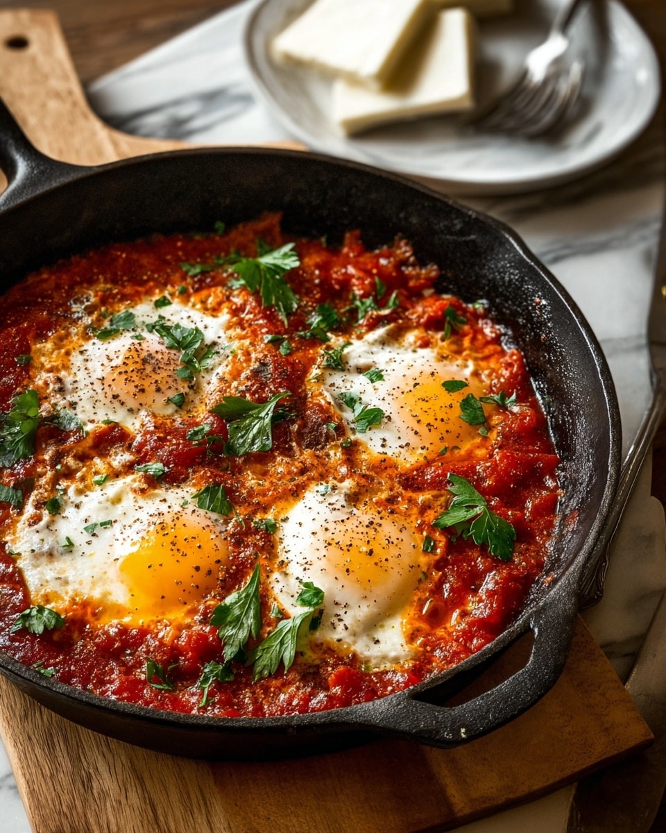 A black cast iron pan contains a dish layered with chunky red tomato sauce that fills the bottom and sides, topped with four cooked eggs with bright yellow yolks and soft white edges, sprinkled with cracked black pepper. Fresh green parsley leaves are scattered across the eggs and sauce for a pop of color. The pan is placed on a light wooden board, and in the background, a white plate holds two slices of white cheese along with a metal fork, all set on a white marbled surface. photo taken with an iphone --ar 4:5 --v 7