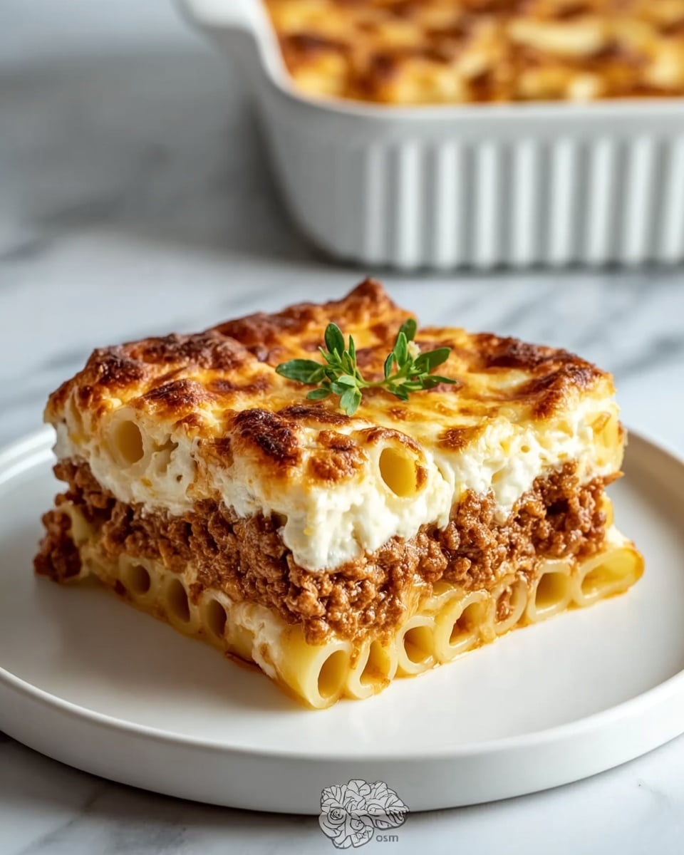 A square piece of baked pasta sits on a white plate on a white marbled surface. The dish has three main layers: at the bottom, there is a layer of tube-shaped pasta in a pale yellow color; in the middle, there is a thick, rich brown meat sauce filling, showing visible ground meat bits; on top, a creamy white cheese or béchamel sauce layer is covered with a golden brown, slightly bubbly melted cheese crust. A small green herb garnish rests on top. In the background, a white dish filled with more of the same baked pasta is partially visible. Photo taken with an iphone --ar 4:5 --v 7
