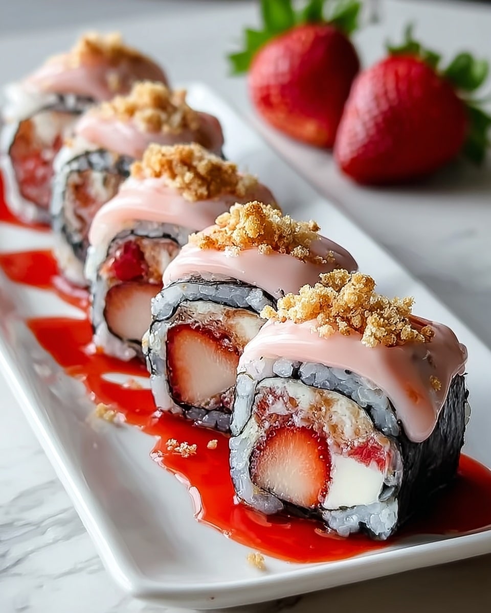 A row of six sushi rolls presented on a white rectangular plate, each roll made with a black seaweed layer wrapped inside sticky white rice; inside the roll are red strawberry pieces and creamy white filling. On top, there is a smooth light pink sauce drizzled over each roll, with some crunchy, golden crumbs sprinkled on the sauce. The plate has extra bright red strawberry sauce pooling beneath the first few sushi rolls. Whole fresh strawberries with green leaves are placed behind the sushi rolls, adding a vibrant touch. The scene is set on a white marbled texture surface, showing a clean and fresh look. Photo taken with an iphone --ar 4:5 --v 7