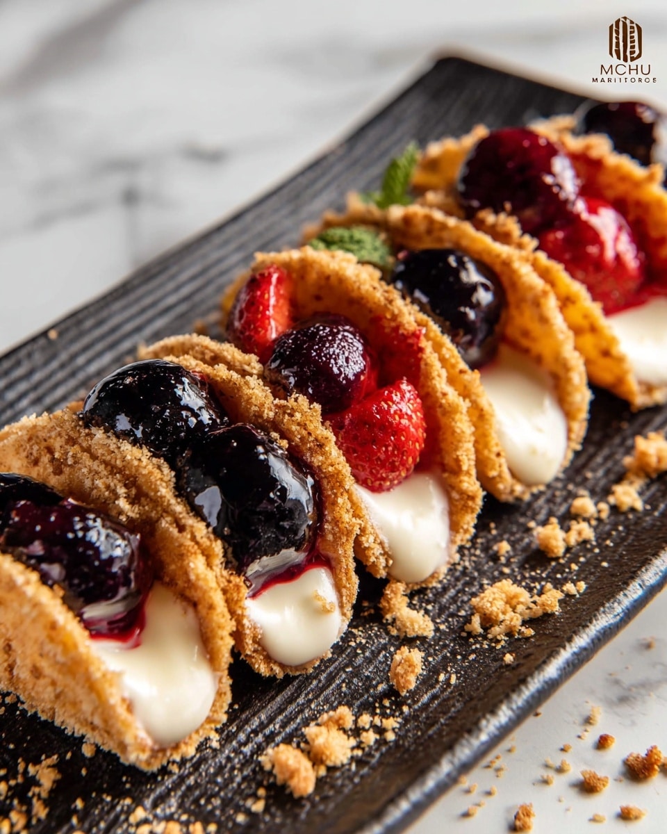 The image shows a row of small taco-shaped desserts with three main layers. The outer layer is crumbly and golden brown, forming a crisp shell. Inside, there is a smooth and creamy white layer that looks like a filling or sauce. On top of the white layer, there are two different toppings alternating along the row: glossy black and dark purple berries with a red-purple syrup, and a bright red strawberry syrup. The desserts are placed on a textured dark rectangular plate with some crumb bits scattered around. The background is a white marbled surface. photo taken with an iphone --ar 4:5 --v 7