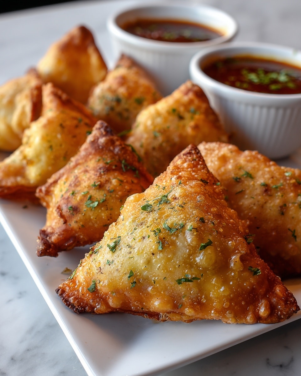 A white rectangular plate holds six golden-brown samosas arranged closely, each with a crisp, bubbly texture and sprinkled with small pieces of green herbs on top. The samosas are triangular with slightly uneven edges, showing a deep-fried crispy surface with some darker burnt spots. Behind the samosas, there are two small white round bowls filled with a dark reddish-brown sauce that looks smooth and glossy, garnished lightly with green herbs. The plate is set on a white marbled surface, adding a clean and fresh contrast to the warm colors of the food photo taken with an iphone --ar 4:5 --v 7