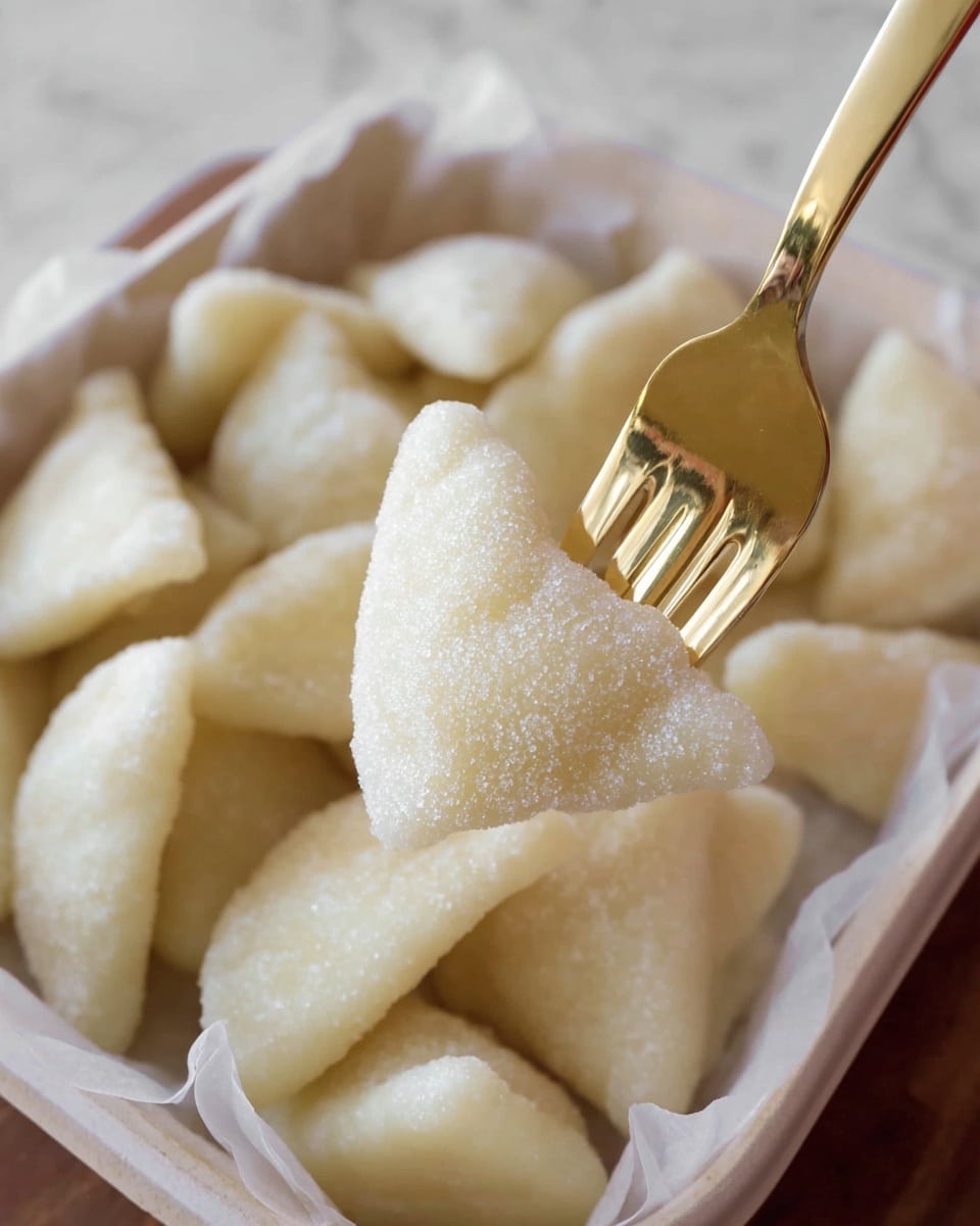The image shows a close-up of many soft, white, triangular dumplings with a powdery texture inside a white container lined with paper. One triangle is held up on the prongs of a gold fork, showing its smooth and slightly grainy surface clearly. The dumplings are stacked evenly, their light cream color and smooth texture making them look tender and fresh. The scene is set on a white marbled surface. photo taken with an iphone --ar 4:5 --v 7
