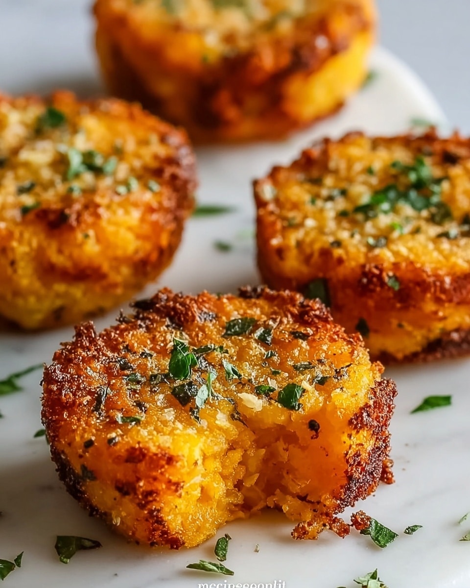 The image shows four small, round cakes arranged on a white marbled surface. Each cake has two main layers: a crispy golden-brown outer crust with a slightly rough and crumbly texture and a soft, bright orange inside. Small bits of green herbs are sprinkled on and around the cakes. The cakes look warm and crunchy on the outside with a soft and tender inside. The photo taken with an iphone --ar 4:5 --v 7