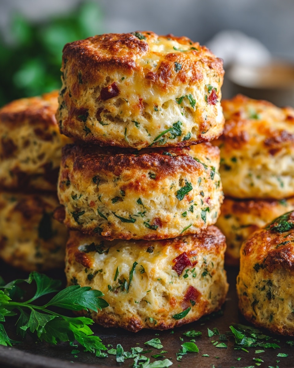 A close-up of six round savory scones stacked on a dark baking tray, each scone showing a golden-brown top layer melted with cheese and mixed with green herbs and small bits of reddish ham. The scones have a textured, slightly crumbly surface with visible pieces of parsley and bits of cheese melted into the dough. The background is softly blurred with hints of green leaves and scattered chopped herbs on a white marbled surface. photo taken with an iphone --ar 4:5 --v 7