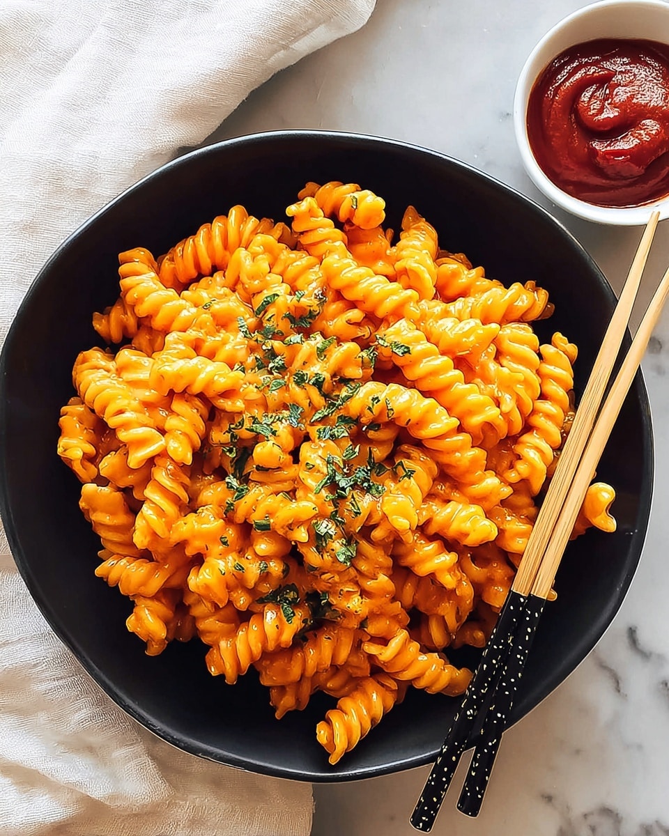 A black bowl filled with bright orange spiral pasta coated in a creamy sauce is topped with small green herb pieces scattered evenly over the top layer, giving fresh contrast. Next to the bowl lies a pair of wooden chopsticks with black and white decorative patterns near the thicker end, resting diagonally across the bowl's edge. At the top right is a small white bowl containing a thick, deep red sauce with a swirled texture. The scene is set on a white marbled surface with a soft white cloth partially visible in the top left corner. photo taken with an iphone --ar 4:5 --v 7