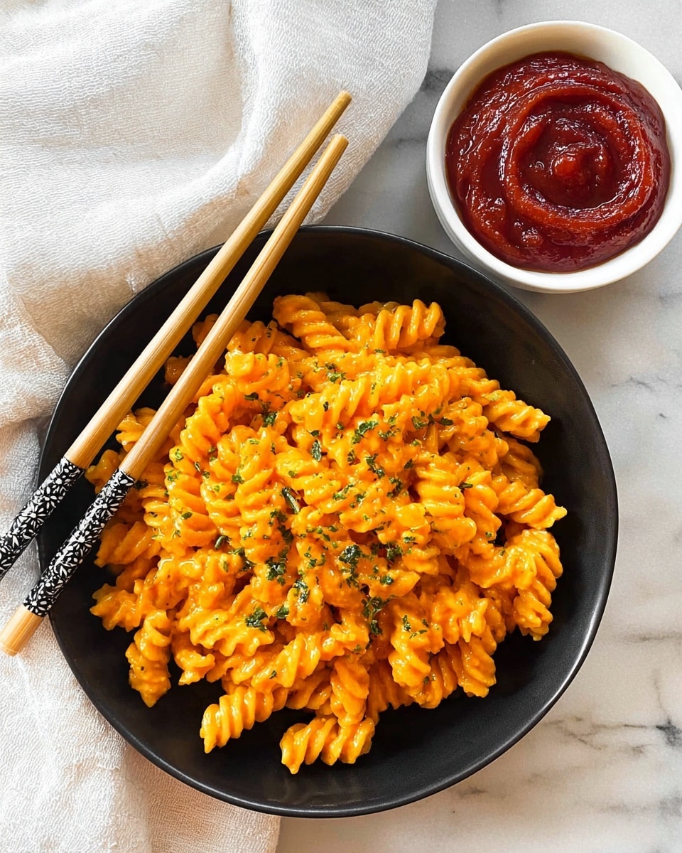A close-up of a bowl filled with orange-colored twisted pasta coated with a smooth sauce, topped with finely chopped green herbs scattered evenly over the dish, resting in a sleek black bowl. A pair of light wooden chopsticks with black decorative tips lie on the right side of the bowl, crossing slightly. To the top right, there is a small white bowl filled with rich, thick red sauce. The setting has a white marbled texture underneath, and a soft white cloth is partially visible in the background. photo taken with an iphone --ar 4:5 --v 7