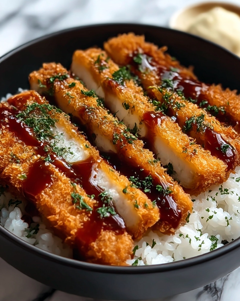 A close-up image of a black bowl filled with white steamed rice at the bottom layer, topped with several slices of golden-brown crispy fried chicken cutlets arranged side by side. The chicken pieces are coated with a shiny, dark brown sauce drizzled on top, and sprinkled with finely chopped green herbs. In the background, a small part of light-colored creamy sauce and white mound can be seen, all set against a white marbled texture. Photo taken with an iphone --ar 4:5 --v 7