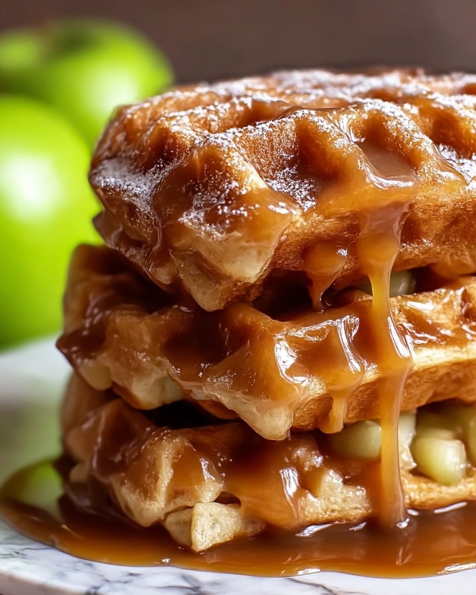 A close-up view of a tall stack of three golden brown waffles on a white plate, each waffle showing a crisp texture with deep pockets catching a thick, glossy caramel sauce that drips down the sides. The top waffle has a light dusting of powdered sugar, and the rich caramel creates a shiny coating that contrasts with the soft, slightly airy inside of the waffles. The background includes a blurred green apple and a white marbled surface. photo taken with an iphone --ar 4:5 --v 7