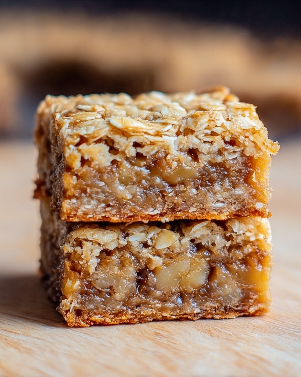 Two stacked square oat bars are shown closely on a light wooden surface with a blurred background. Each bar has two layers: the top layer is a golden-brown crumbly oat mixture with visible oat flakes, and the bottom layer is thicker with a caramel-brown color mixed with soft banana pieces and a slightly sticky texture. The edges are baked to a light crisp, giving a crunchy look. The overall appearance is moist and chewy. Photo taken with an iphone --ar 4:5 --v 7