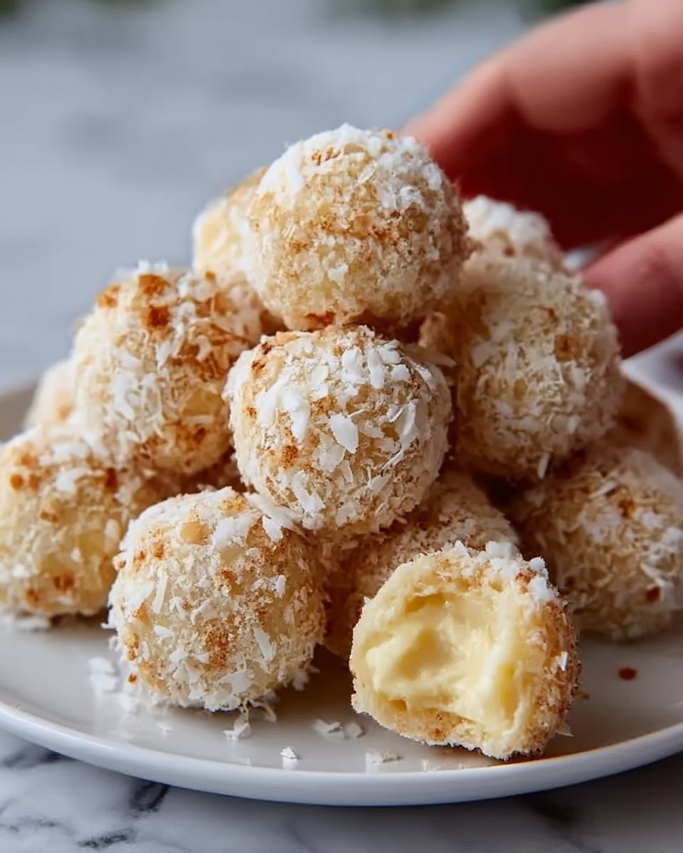 A close-up view of several round dessert balls stacked together on a white plate, each ball coated with a light brown layer of cinnamon and topped with large white coconut flakes, showing a rough texture on the outside. One of the balls is bitten into, revealing a soft, creamy, off-white interior with a smooth and slightly crumbly texture inside. The background features a soft-focus white marbled surface with hints of yellow and red blurred colors. photo taken with an iphone --ar 4:5 --v 7