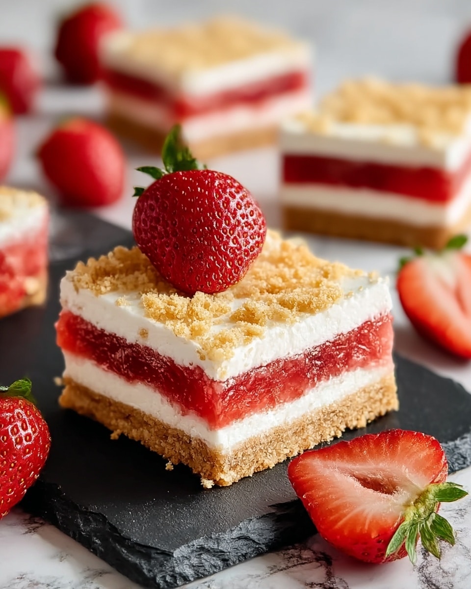 A square dessert bar with three visible layers placed on a dark slate board: the bottom layer is a thick, crumbly light brown crust, the middle layer is a bright red, slightly translucent strawberry filling, and the top layer is a smooth, white creamy layer with a crumbly golden topping sprinkled over it. On top, there are two fresh strawberries—one whole with green leaves and one sliced in half, showing its red interior and seeds. The background shows two more similar dessert bars, out of focus, on a white marbled surface with scattered whole strawberries around. Photo taken with an iphone --ar 4:5 --v 7