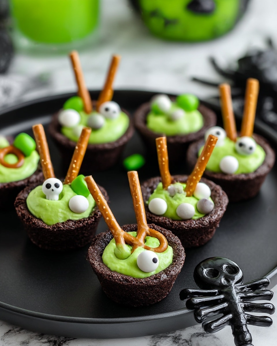 The image shows five small dark brown chocolate cups arranged on a black plate. Each cup is filled with a bright green creamy layer topped with assorted small white and green round and skull-shaped candies. A thin, light brown pretzel stick pokes upright from the center of each green cream layer. The plate sits on a white marbled surface with blurred green and black objects in the background, and a black skeletal-shaped decoration is placed near the plate edge. photo taken with an iphone --ar 4:5 --v 7