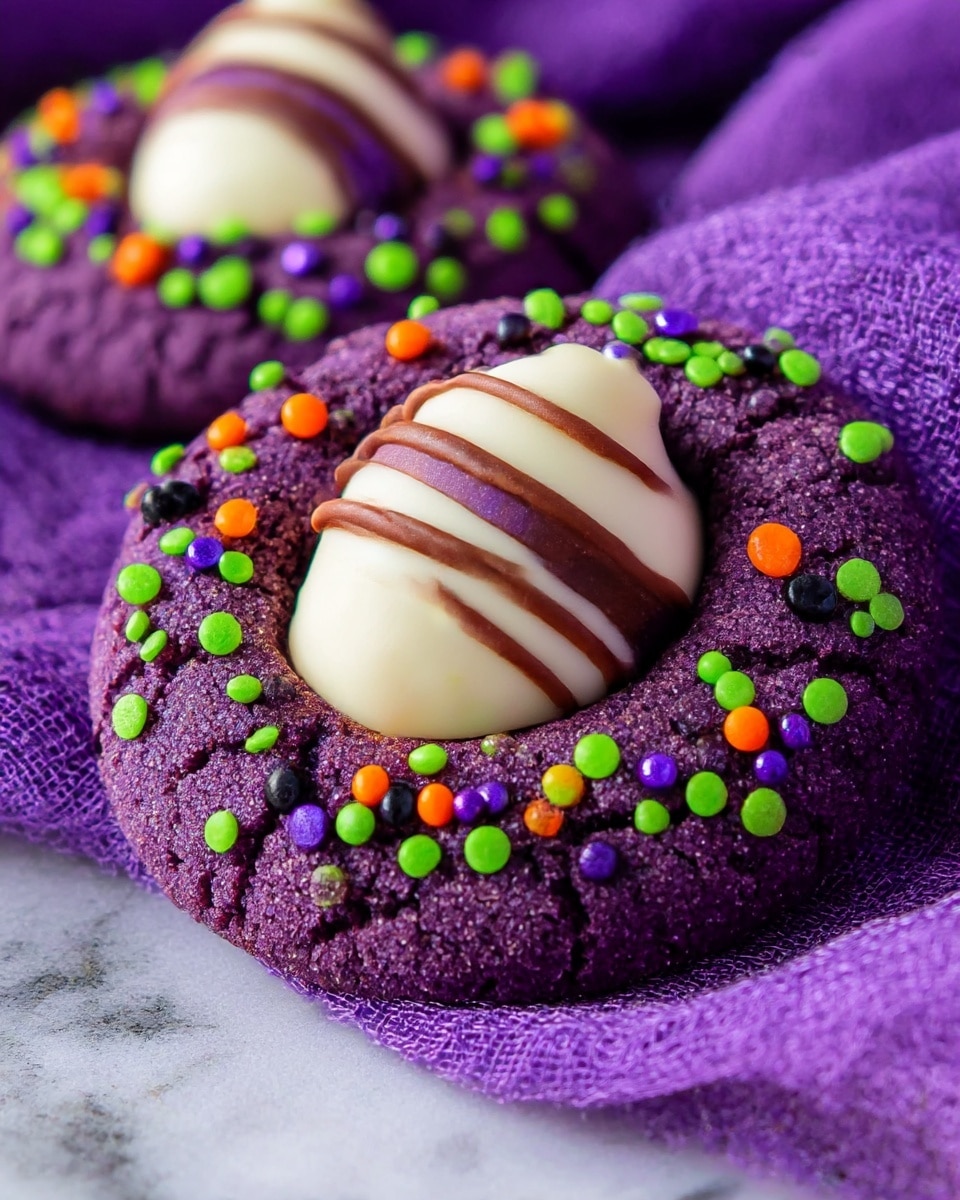A close-up of two round cookies with a rough, cracked texture and a deep purple color as the base layer. In the middle of each cookie, there is a white chocolate kiss with brown stripes, standing upright. Around the white chocolate kiss, the cookie tops are covered with small round sprinkles in green, orange, purple, and black colors, scattered unevenly. The cookies rest on a soft purple cloth with a woven texture. The background surface is a white marbled texture. photo taken with an iphone --ar 4:5 --v 7