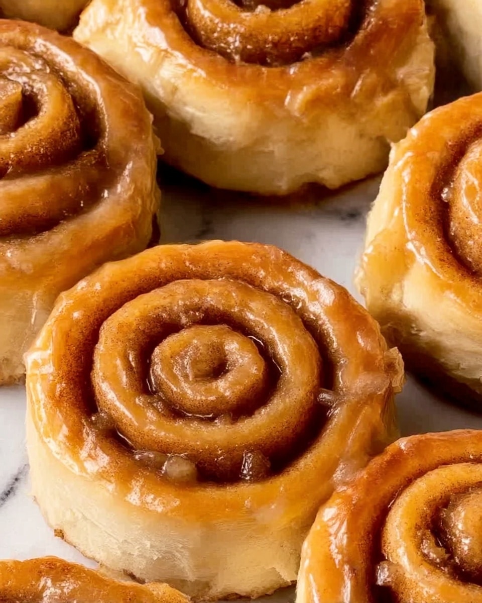 The image shows a close-up of eight cinnamon rolls arranged closely together on a white plate. Each roll has several visible layers of light golden to deep brown swirled dough with a shiny, sticky glaze on top, giving them a slightly glossy finish. The texture of the dough looks soft and flaky with a hint of cinnamon sugar filling visible in the spirals. The rolls are well-baked, with darker brown edges and a tender, fluffy inside. The background is a white marbled texture. photo taken with an iphone --ar 4:5 --v 7
