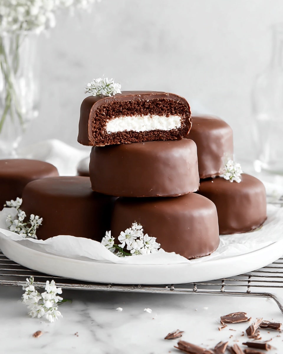 A stack of six round chocolate-covered cakes sits on a white plate lined with parchment paper on a wire rack, placed on a white marbled surface. Each cake has a smooth, glossy milk chocolate coating with a soft, even surface. One cake is cut in half and positioned on top, showing three layers: a dark brown, moist chocolate cake outer layer, a thick, fluffy white cream center, and the glossy chocolate coating enclosing all sides. Small white flowers decorate the arrangement, with chocolate shavings scattered on the marbled surface nearby. In the background, there is a blurry glass and a bottle on the white marbled surface. Photo taken with an iphone --ar 4:5 --v 7