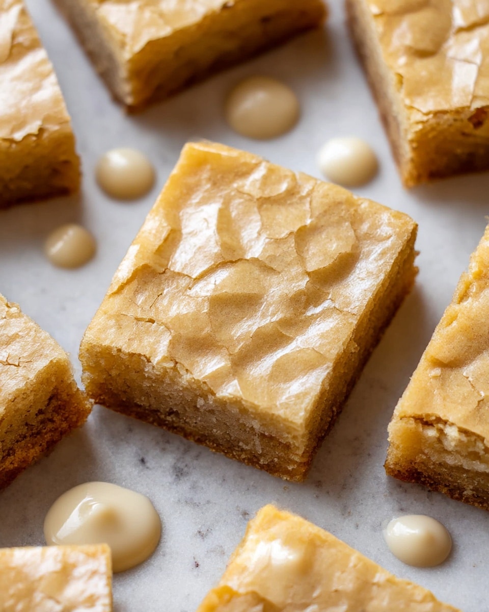 The image shows several square blondies with a shiny, cracked top layer in a light golden color. Each blondie has a slightly rough texture at the bottom, giving a clear view of two layers: the smooth, glossy top layer and the denser, crumbly base layer. The blondies are closely placed on a white marbled surface, with a few dollops of light cream-colored sauce scattered around, adding contrast. The overall look is soft and rich, highlighting the delicate cracks and edges of each blondie. photo taken with an iphone --ar 4:5 --v 7
