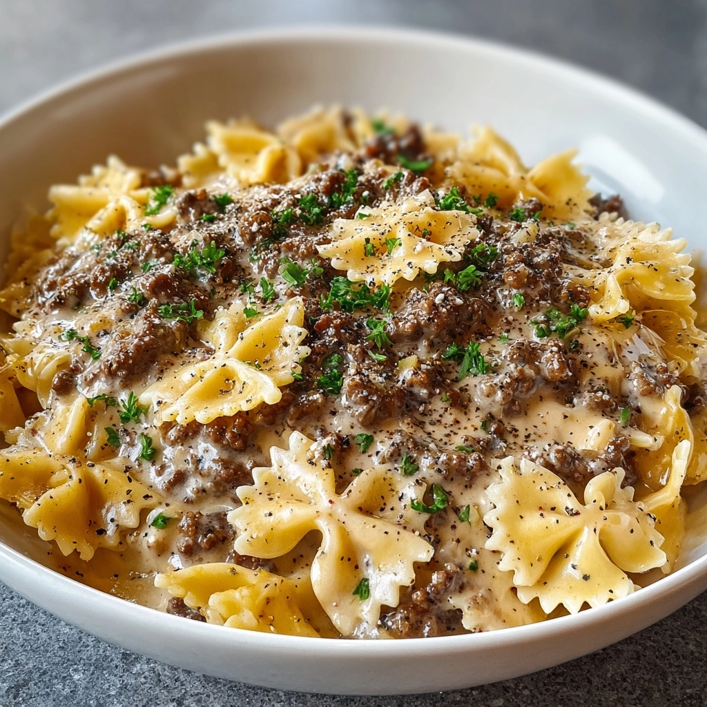 Creamy Parmesan Garlic Beef Bowtie Pasta Recipe - Recipe Image