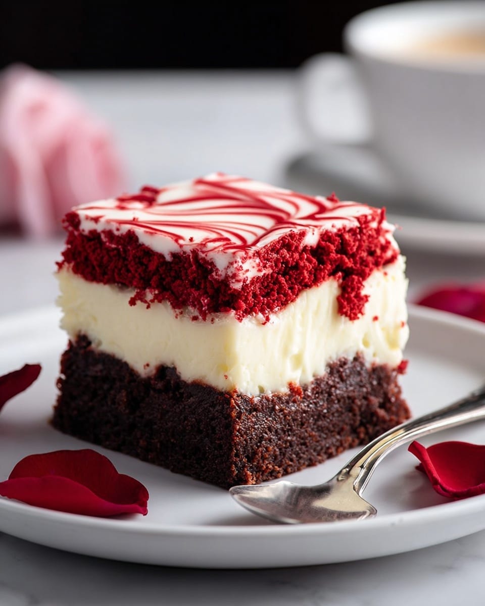 A close-up of a three-layer dessert sits on a white plate on a white marbled surface. The bottom layer is dark brown and looks dense and moist like chocolate cake. The middle layer is thick, creamy, and white, giving a smooth texture that contrasts with the other layers. The top layer is bright red, crumbly, and shredded like red velvet cake, with a white creamy topping swirled with red sauce in a wavy pattern. Around the plate are scattered red rose petals, and a silver spoon rests on the plate near the dessert. In the background, a white cup with a pink object inside is softly blurred. photo taken with an iphone --ar 4:5 --v 7