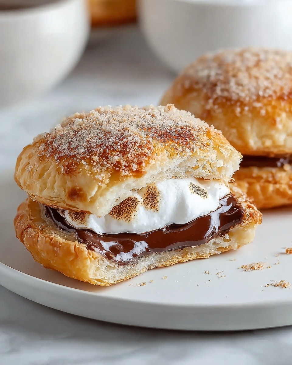 The image shows a close-up of two round, golden-brown pastries on a white plate sitting on a white marbled surface. The top pastry is cut in half, revealing three layers inside: the bottom layer is a light, flaky crust, the middle layer is a thick, smooth, dark chocolate filling, and the top layer is fluffy, white marshmallow that slightly melts into the chocolate. The top of the pastries is dusted with fine, light brown crumbs, adding texture to the golden crust. In the blurred background, there are white bowls adding a clean feel to the setting. Photo taken with an iphone --ar 4:5 --v 7