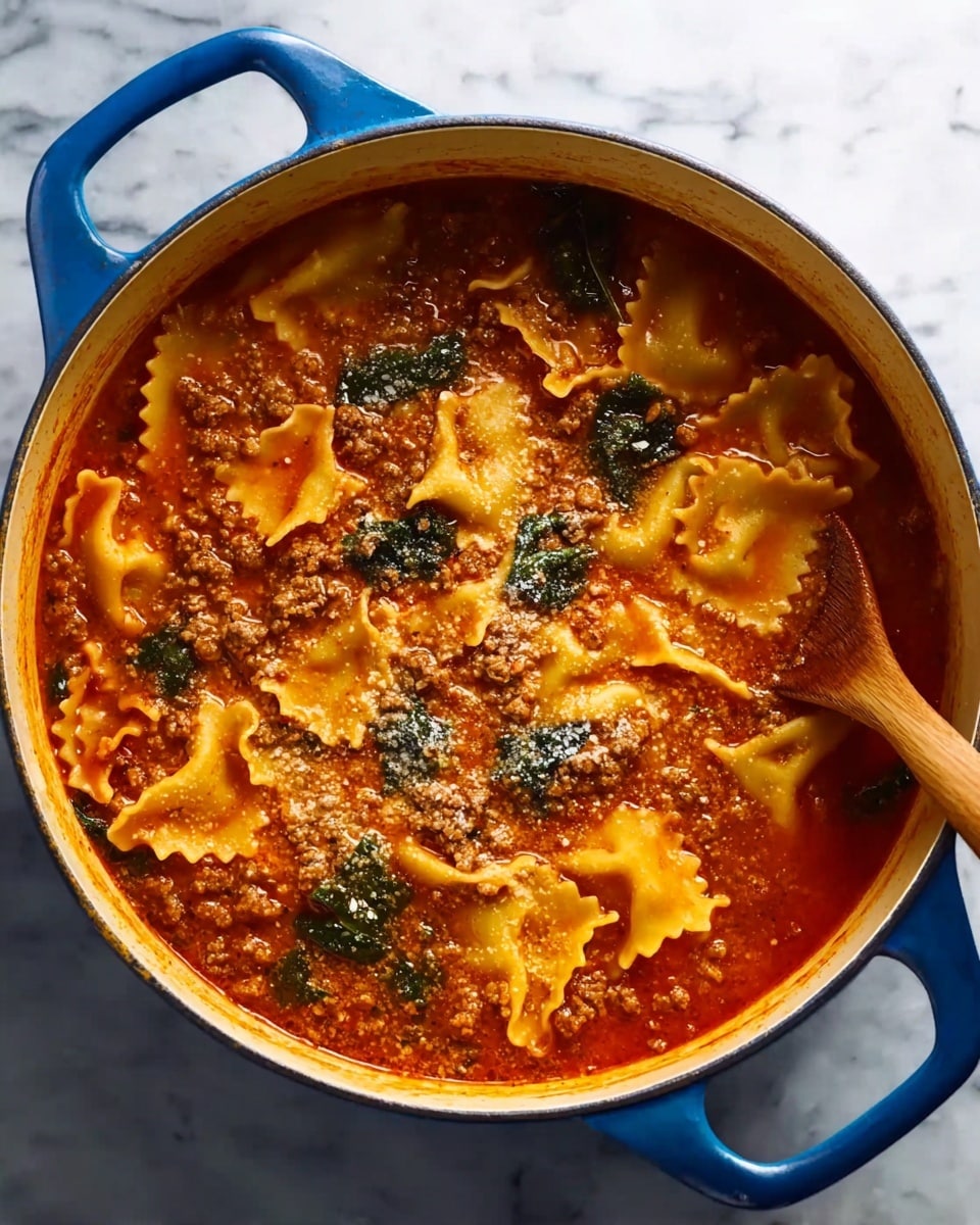 The image shows a blue pot filled with lasagna soup, which has three main layers visible. The bottom layer is a rich, deep orange-red tomato broth that fills most of the pot. Scattered within the broth are flat, crinkled lasagna noodles in a light yellow color, some floating and some slightly submerged, creating a wavy texture. Mixed throughout are small bits of brown ground meat, adding a slightly chunky texture. There are also some dark green leafy herbs or spinach evenly distributed across the soup. A wooden spoon is partially submerged in the soup on the right side, with its handle resting on the edge of the pot. The pot sits on a white marbled surface. Photo taken with an iphone --ar 4:5 --v 7