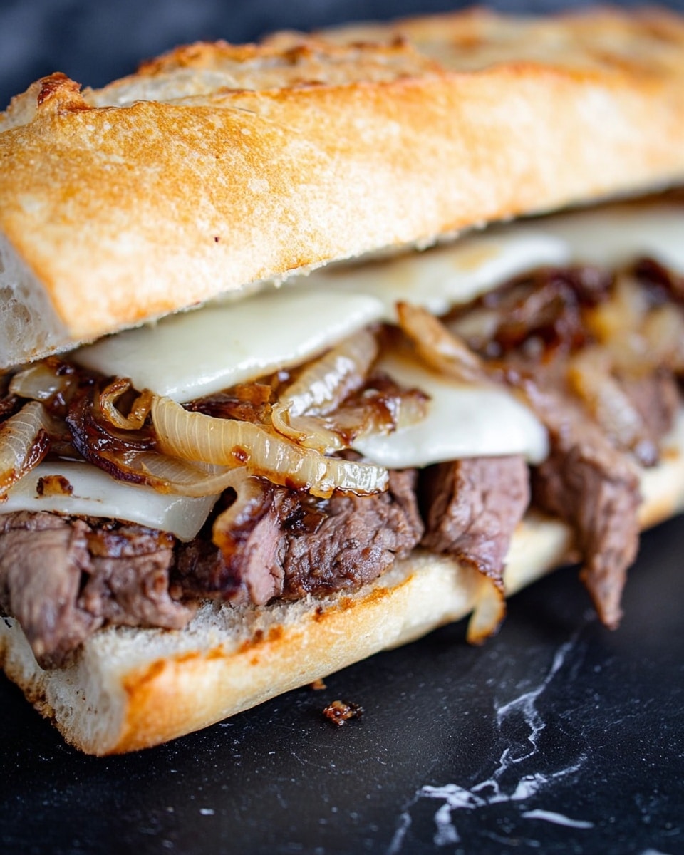 Two sandwiches are placed on a gray metal tray with a few green parsley leaves near the bottom left corner. Each sandwich has three main layers: the top crusty baguette bread is light golden-brown with a slightly rough texture, underneath it there is melted white cheese that looks soft and creamy, and the bottom layer is filled with cooked dark brown beef strips mixed with translucent, caramelized onions. The sandwiches are cut in half, showing the soft and airy texture of the bread inside. The background surface has a white marbled texture. photo taken with an iphone --ar 4:5 --v 7