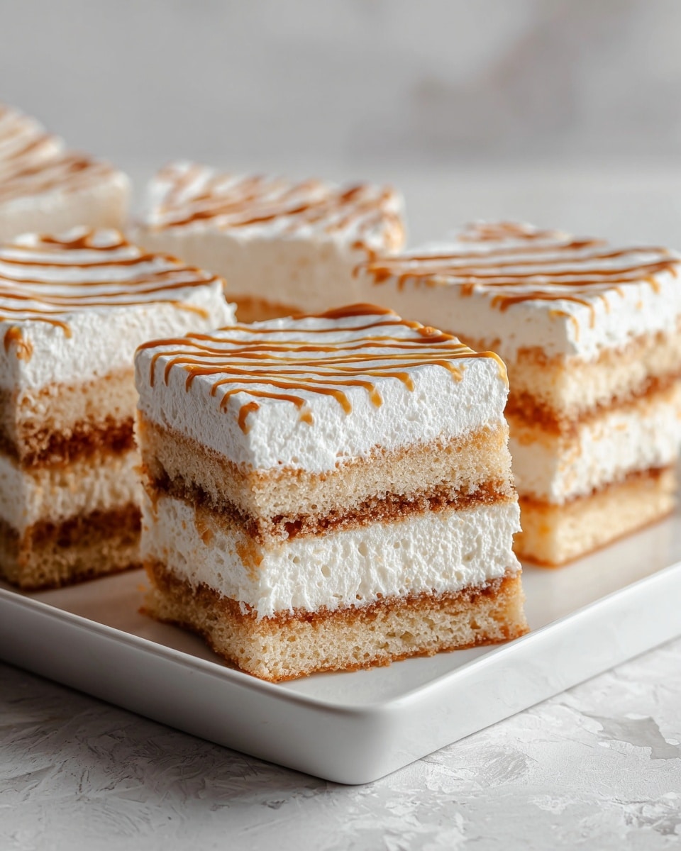 The image shows a close-up of soft square cake pieces with three distinct layers. The bottom layer is light brown with a moist, spongy texture. The middle layer is thin and darker brown, with a slightly rough texture. The top layer is thick and creamy white frosting, smooth in texture and covering the whole surface of each piece. On the frosting, there are thin caramel-colored drizzle lines, creating a simple striped pattern. The cake squares are stacked neatly on a white rectangular dish placed on a white marbled textured surface. Photo taken with an iphone --ar 4:5 --v 7