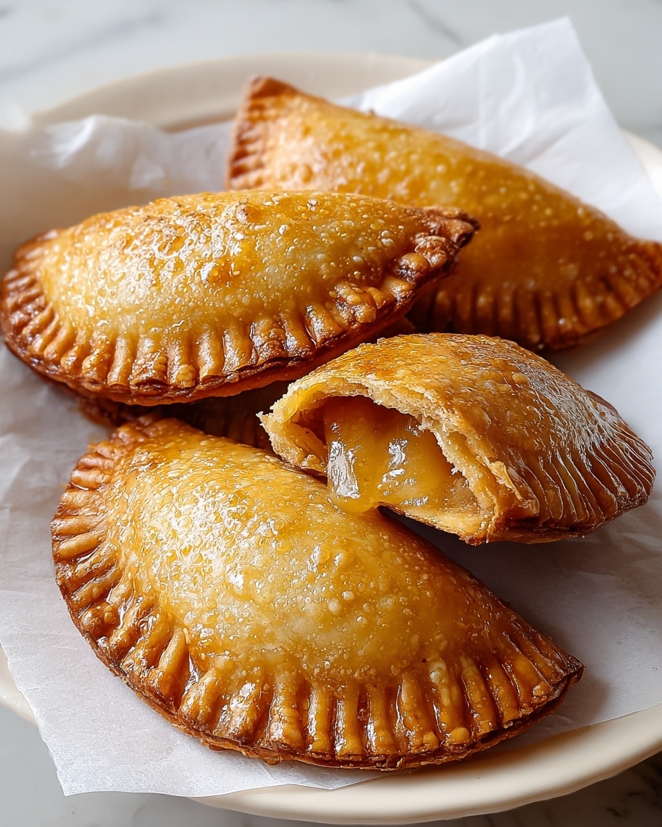 The image shows a close-up view of four golden brown fried hand pies arranged on a white plate lined with white paper. One hand pie is cut open and placed on top of another, revealing a glossy, gooey, pale yellow filling inside. Each hand pie has a crimped edge, showing a textured, slightly bubbled surface with a crispy and shiny finish. The white plate contrasts with the warm tones of the hand pies, all set on a white marbled surface. photo taken with an iphone --ar 4:5 --v 7