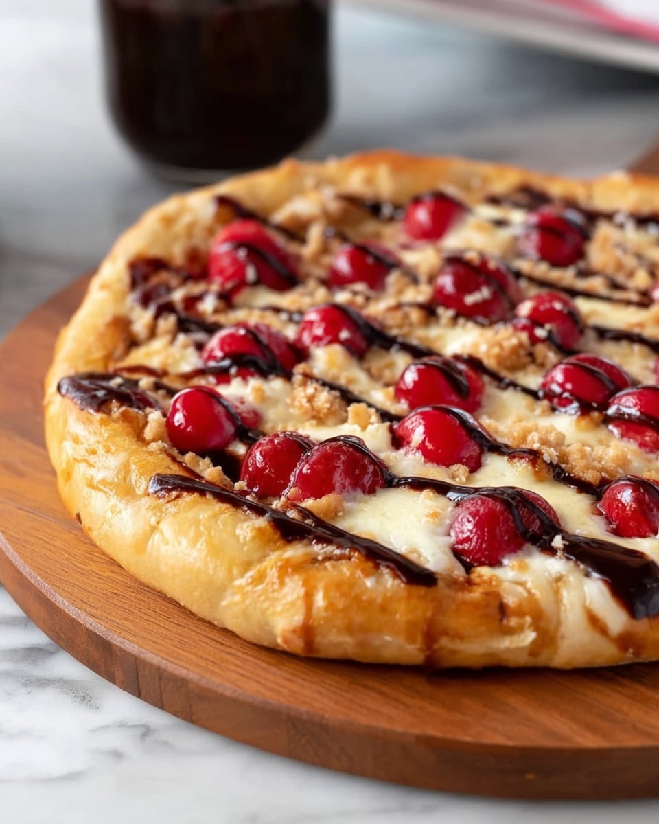 A round pizza with a thick golden crust sits on a wooden board over a white marbled surface. The pizza has a layer of melted white cheese with a soft and bubbly texture. On top, there are bright red cherries spread evenly across the surface. Drizzles of dark chocolate sauce run in lines over the cheese and cherries, creating a rich contrast. Small bits of light brown crumbly topping are scattered between the cherries, adding texture to the pizza. In the blurred background, a dark jar is visible. photo taken with an iphone --ar 4:5 --v 7