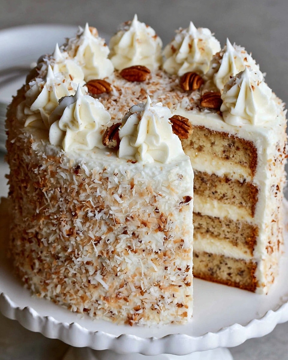 A three-layer cake on a white scalloped plate with a thick layer of white frosting between each light brown cake layer that has a speckled texture from nuts or spices. The outside of the cake is covered in white frosting, which is topped with toasted coconut flakes giving a mix of white and light brown colors all over the surface. On top of the cake, there are evenly spaced white frosting dollops shaped like stars, with some whole pecans visible hidden in the toasted coconut. The base of the cake is finished with a ridged thick white frosting border. Photo taken with an iphone --ar 4:5 --v 7