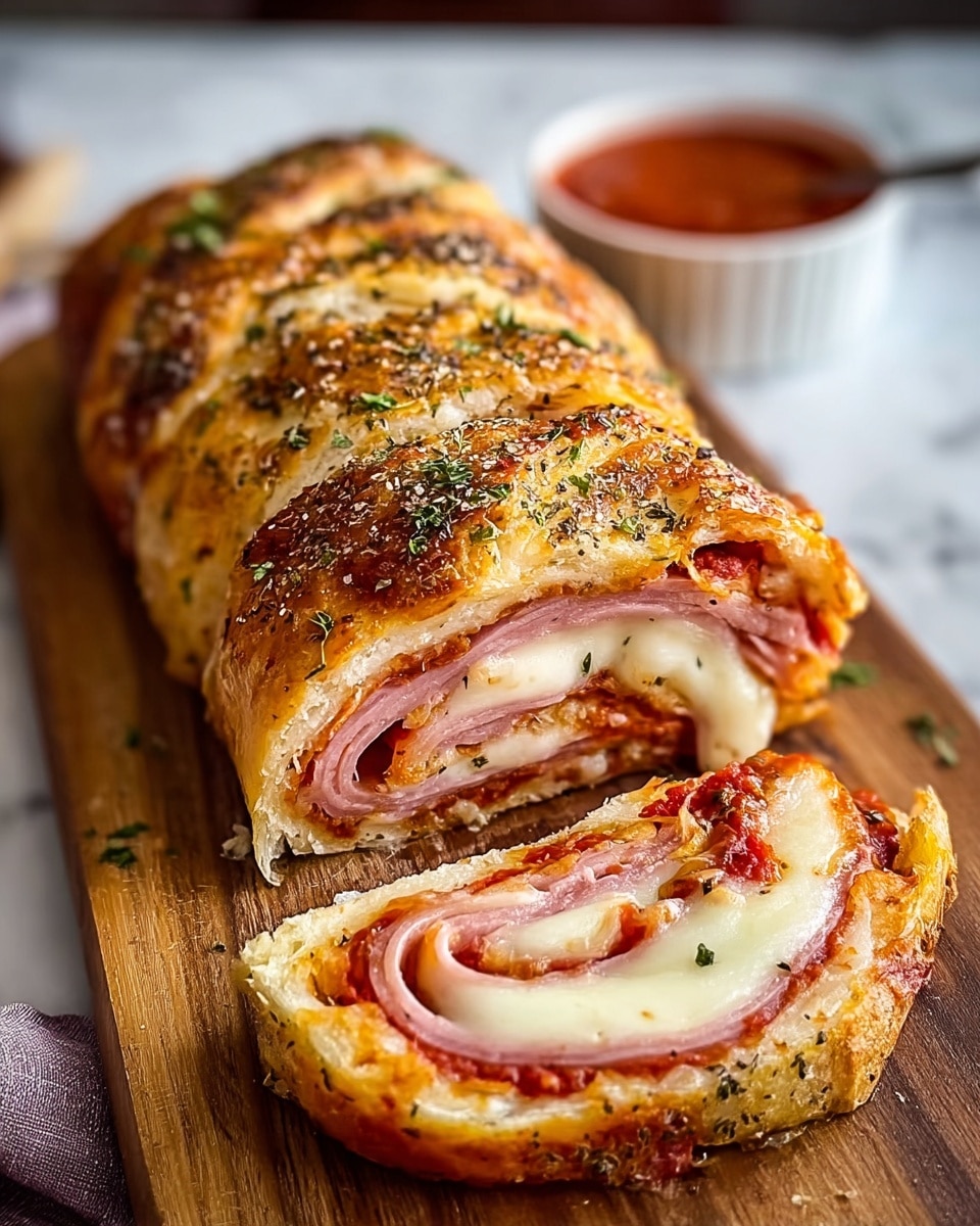 A long, golden-brown stuffed bread loaf sliced into multiple pieces is placed on a wooden board. The bread crust is shiny and sprinkled with black pepper and herbs, showing a crispy texture. Inside, there are visible layers of melted white cheese and thin, reddish slices of cured meat stacked evenly. In the background, a white bowl filled with red sauce and a metal spatula are slightly blurred. The setting is on a white marbled surface. photo taken with an iphone --ar 4:5 --v 7
