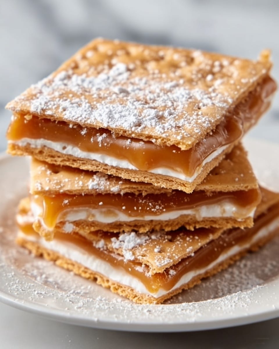The image shows three stacked square dessert bars on a white plate with a white marbled background. Each bar has three visible layers: a crispy, golden-brown base, a creamy white middle layer, and a shiny caramel-colored top layer sprinkled lightly with powdered sugar. The texture of the top layer looks smooth and slightly sticky, while the middle layer appears soft and thick. Crumbs are scattered around the base of the bars, adding a rustic touch. Photo taken with an iphone --ar 4:5 --v 7