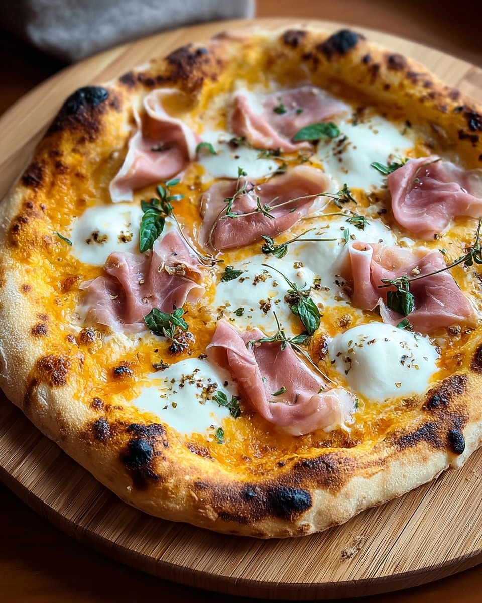 A round pizza with a golden brown crust that is slightly puffed and has some darker charred spots. The base layer is a bright red tomato sauce spread evenly, topped with large uneven dollops of soft white cheese that have a creamy texture. Thin, light pink slices of prosciutto are spread across the top, some slightly folded and overlapping the cheese. Small dark herb specks are sprinkled evenly all over, adding contrast. The pizza is placed on a wooden surface with a warm tone. photo taken with an iphone --ar 4:5 --v 7