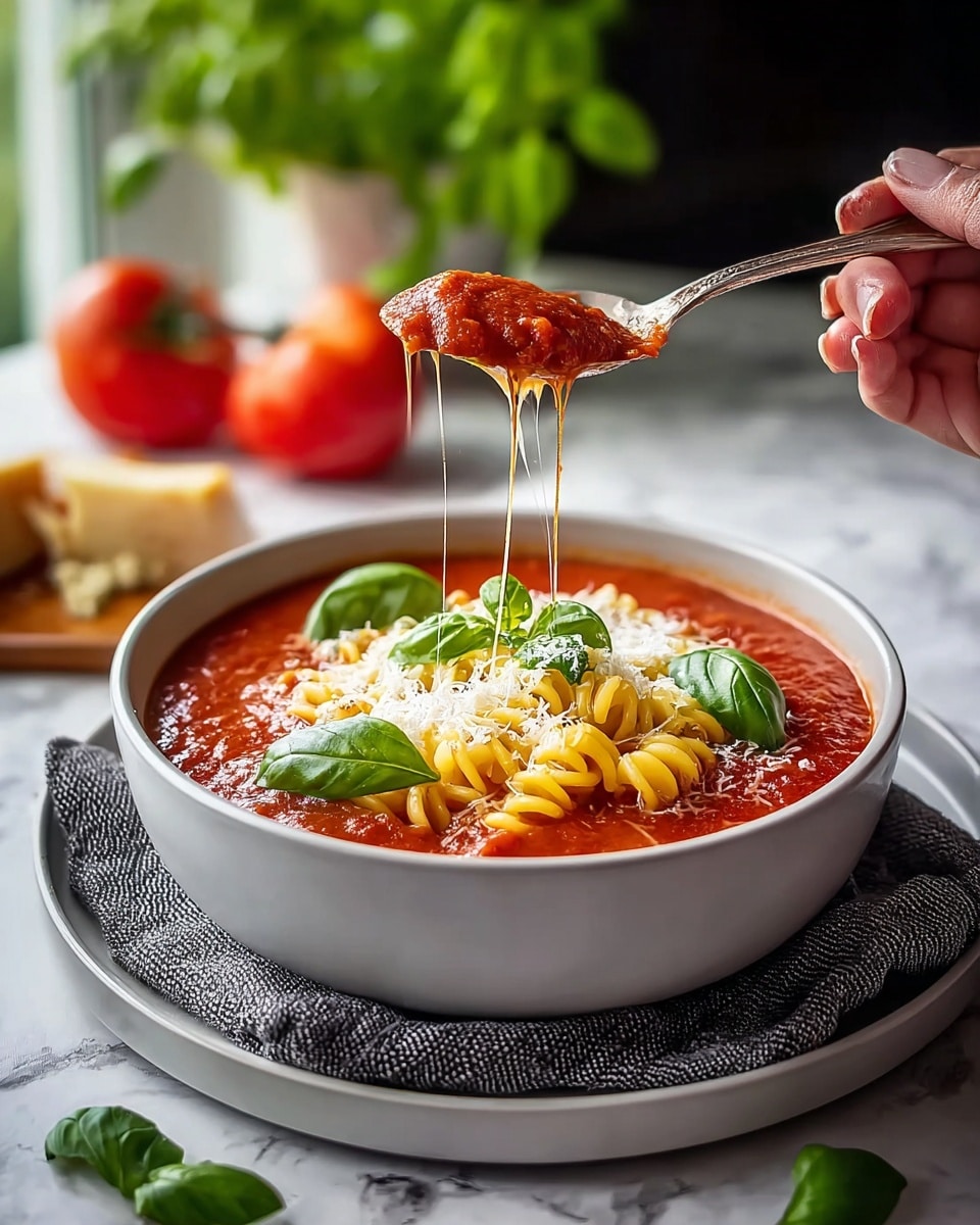 The image shows a white bowl filled with thick red tomato sauce covering the bottom layer, topped with a small pile of curly yellow pasta loops in the center. On top of the pasta, there is a sprinkle of white grated cheese and bright green basil leaves placed around and on the cheese. A woman's hand holds a spoon above the bowl lifting pasta covered in sauce and melted cheese that stretches down in strings. The bowl is on a white plate with a gray cloth underneath on a white marbled surface, with blurred fresh tomato and herbs in the background. Photo taken with an iphone --ar 4:5 --v 7