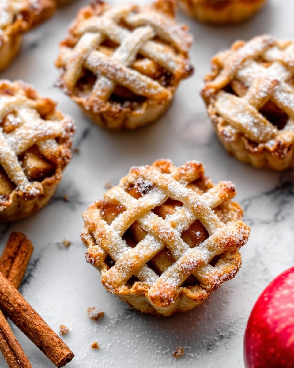 The image shows small lattice-top apple pies arranged on a white marbled surface. Each mini pie has a golden-brown crust with a crisscross pattern on top, dusted with powdered sugar and sprinkled with small nut pieces. The filling of cooked apples is visible through the lattice, showing a warm caramel color. Cinnamon sticks and a red apple are placed near the pies, adding to the cozy, autumn feel. photo taken with an iphone --ar 4:5 --v 7