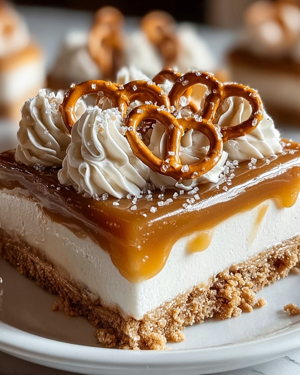 A dessert bar with four main layers sits on a white rectangular plate. The bottom layer is a crumbly, light brown crust that looks crunchy. Above this is a thick, creamy white layer that appears smooth and soft. Next is a glossy caramel layer, amber in color, that slightly drips over the edges. On top, there are swirls of white whipped cream, each topped with a small pretzel covered in large salt crystals. The dessert is shown close-up with a white marbled texture in the background, and the lighting highlights the shiny caramel and soft textures. photo taken with an iphone --ar 4:5 --v 7