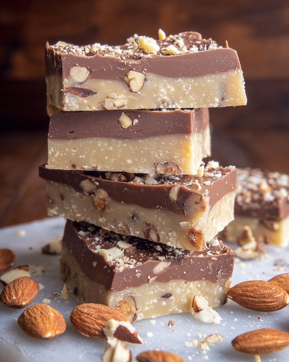 The image shows a stack of five square-shaped caramel toffee bars arranged on a white marbled surface. Each bar has three distinct layers: a thick, smooth caramel top with a shiny, golden-brown color sprinkled with small crushed nuts, a middle layer of rich dark chocolate with a glossy texture, and a bottom layer that looks like a crunchy light brown biscuit or cookie base. The bars are stacked unevenly, creating a slightly tilted pyramid. The background has soft warm tones with blurred festive decorations. photo taken with an iphone --ar 4:5 --v 7