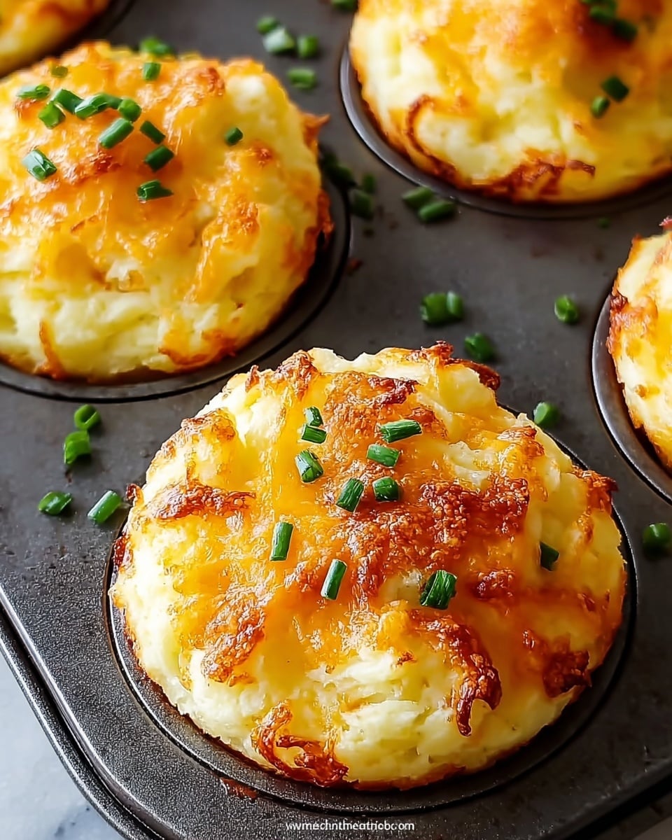 The image shows several cheesy mashed potato puffs in a dark muffin tin against a white marbled background. Each puff is a fluffy mound with a light golden yellow base, fluffy and soft looking, topped with a layer of melted, browned cheese that has crispy edges and a rich orange hue. Scattered on top are small pieces of bright green chives, adding a fresh color contrast. The puffs appear round and slightly elevated within each cup of the tin, showing textures of creamy potato and melted cheese. Photo taken with an iphone --ar 4:5 --v 7