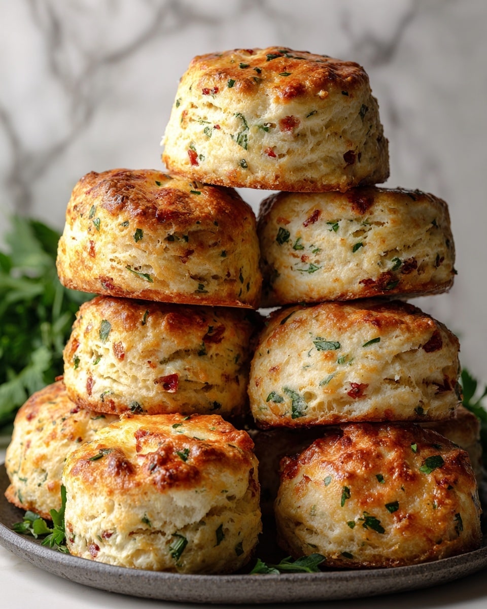 The image shows a tray with seven round, golden-brown savory scones stacked on top of each other. Each scone has visible flecks of green herbs and bits of red, mixed into a light, fluffy dough texture. The scones have a slightly crisp and shiny top with a soft and crumbly body. The tray holding the scones is dark but the background is a white marbled texture with some green leafy vegetables slightly blurred in the back. photo taken with an iphone --ar 4:5 --v 7