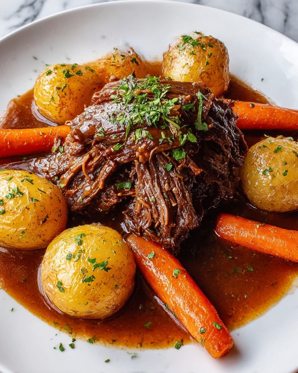 The dish shows a generous pile of dark brown shredded beef placed in the center of a white plate, with a rich glossy sauce coating the meat. Surrounding the beef are six golden roasted baby potatoes with a slight shine, sprinkled with finely chopped green herbs. Four whole roasted orange carrots are arranged evenly between the potatoes around the edges of the plate, all sitting on a pool of thick brown gravy. The green herb garnish adds a fresh touch on top of the beef and vegetables, and the plate rests on a white marbled surface. photo taken with an iphone --ar 4:5 --v 7