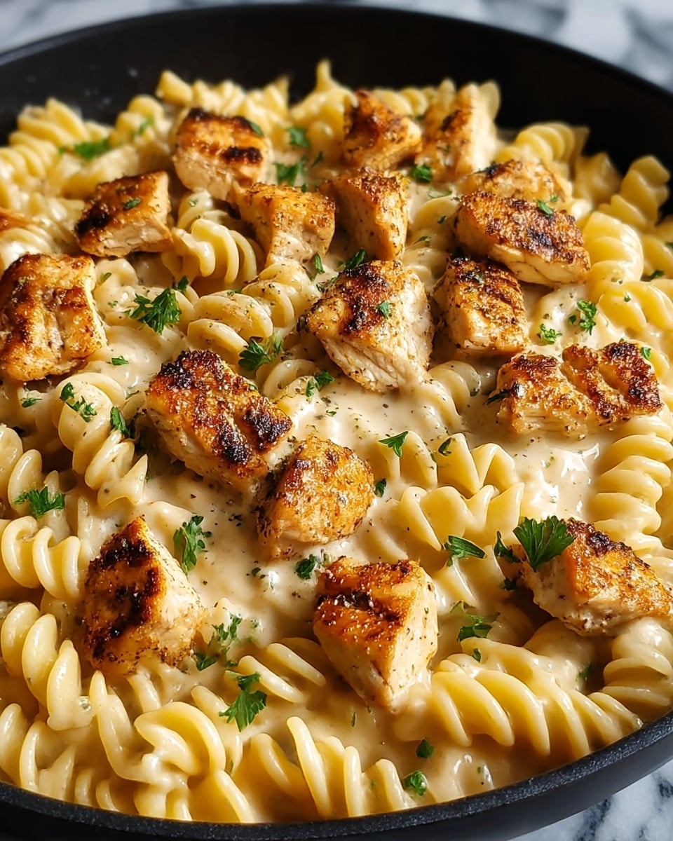 This image shows a close-up of a creamy pasta dish with grilled chicken pieces on top. The base layer is made up of light yellow spiral rotini pasta coated in a smooth, creamy white sauce. Scattered evenly on top are small, golden-brown grilled chicken chunks with a slightly crispy, charred texture and visible seasoning. Bright green parsley leaves are sprinkled across the dish to add color and freshness. The food is presented in a black pan placed on a white marbled surface, making the dish stand out. photo taken with an iphone --ar 4:5 --v 7