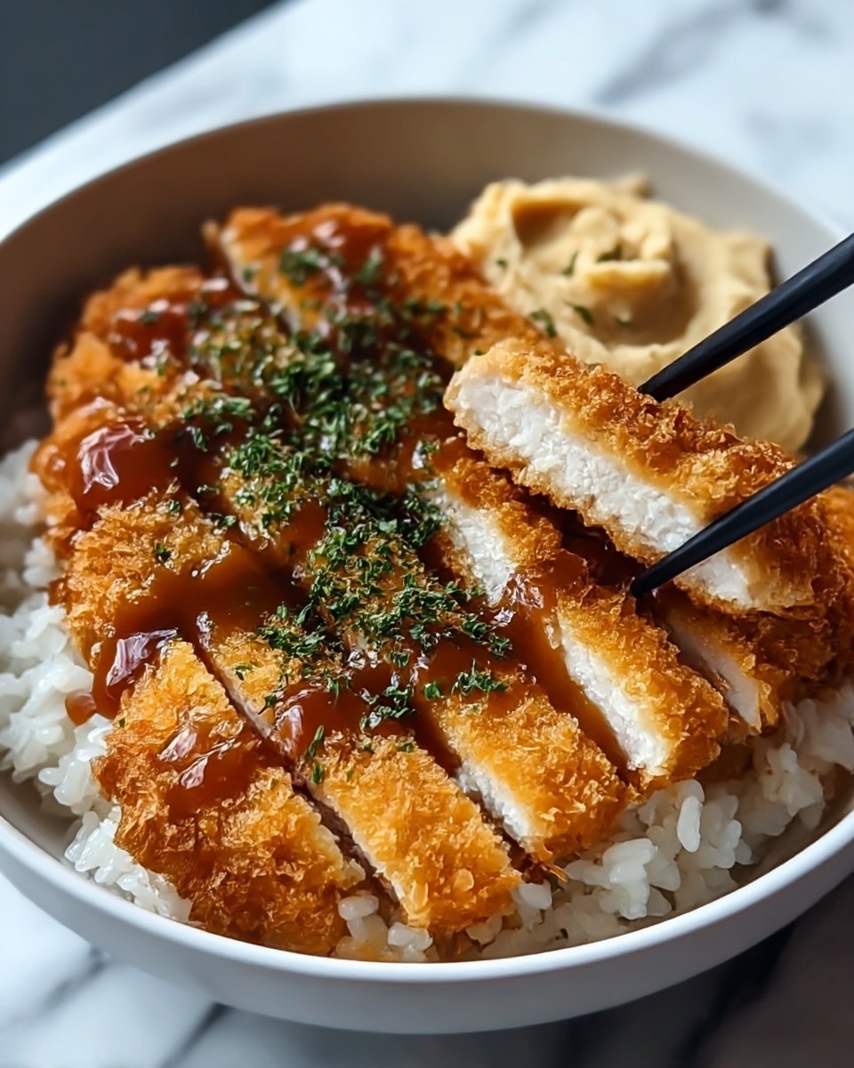 A close-up bowl with three main layers: the bottom layer is white steamed rice with soft, round grains, the middle layer is crispy golden-brown breaded chicken cut into even strips showing white juicy meat inside, and the top layer is thick brown sauce drizzled over the chicken, sprinkled with finely chopped green herbs, with a small side of creamy beige mashed substance in the back. A pair of black chopsticks is picking up one chicken strip. The bowl is white and the dish is placed on a white marbled surface. Photo taken with an iphone --ar 4:5 --v 7