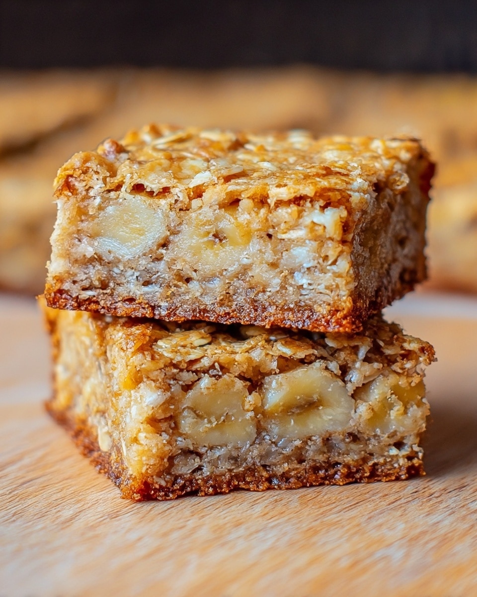 The image shows two oat bars stacked on top of each other on a wooden surface with a blurred background of more oat bars. Each bar has two main visible layers: the top layer is golden brown with a crunchy oat texture, and the bottom layer is a moist mixture with light brown and yellow pieces, likely banana slices, embedded inside. The edges of the bars are slightly crisp and darker brown, giving a baked appearance. photo taken with an iphone --ar 4:5 --v 7