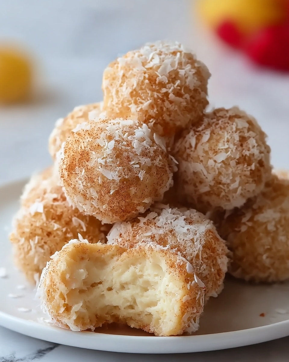 A white plate holds a pile of round bite-sized balls covered in shredded white coconut and small brown crumb pieces, giving them a rough texture. The balls are arranged with one on top that has a bite taken out, showing a creamy, pale yellow filling inside that looks smooth and soft. The plate is placed on a white marbled surface. A woman's hand is gently holding one of the balls from the side. photo taken with an iphone --ar 4:5 --v 7