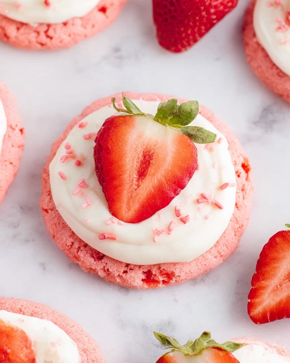 A close-up view of a pink cookie with a soft, crumbly texture forming the base. On top, there is one smooth, thick layer of white cream spread evenly with small pink sprinkles scattered over it. A fresh strawberry cut in half, showing its red interior and green leafy top, sits centered on the cream layer. Additional pink cookies with the same frosting and strawberry topping, along with whole and halved strawberries, surround the main cookie, all set against a white marbled texture. photo taken with an iphone --ar 4:5 --v 7