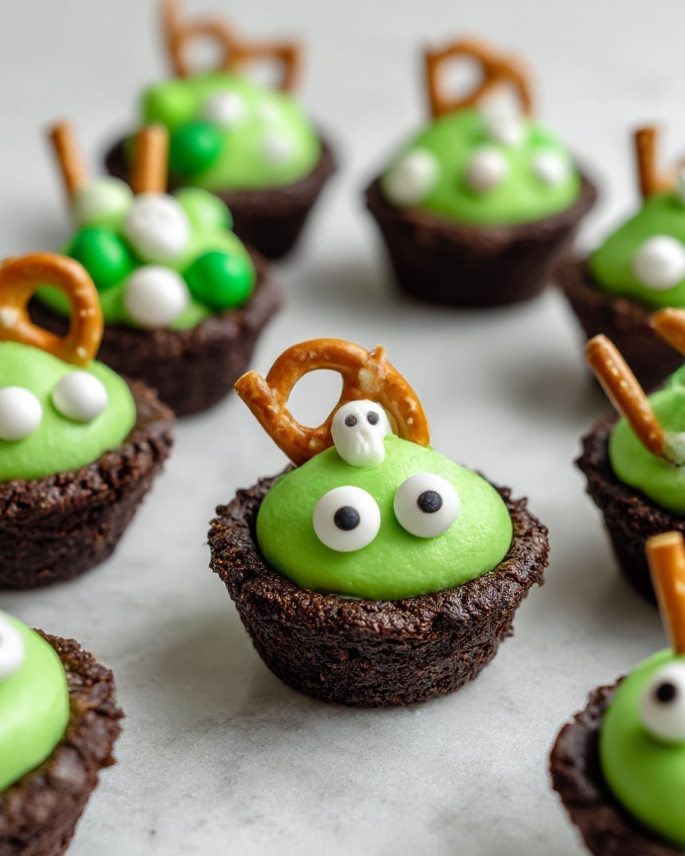 The image shows small chocolate cupcake cups with rough, dark brown edges forming the base layer. Inside each cup is a smooth, bright green frosting piled in a rounded dome. On top of the green frosting are small round decorations in white and various shades of green, along with tiny white skull shapes and white circles with black dots that look like eyes. Each cupcake has a single small pretzel stick inserted upright into the frosting. The cupcakes are placed on a white marbled surface with soft lighting. photo taken with an iphone --ar 4:5 --v 7