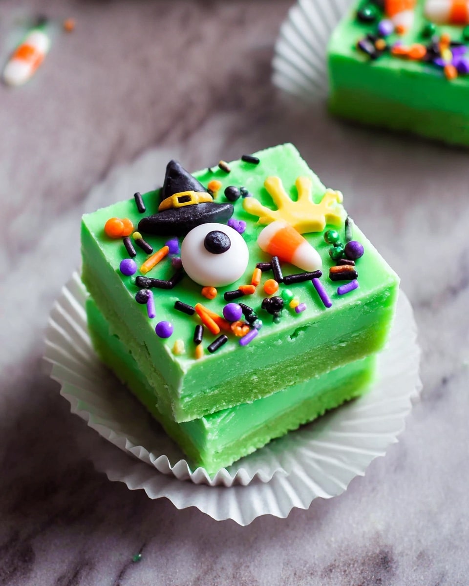Two square layers of bright green fudge stacked neatly on a white paper cupcake liner, each layer smooth with a slightly creamy texture; the top layer is decorated with colorful Halloween-themed sprinkles including a small black witch hat, a white eyeball with a black pupil, a yellow hand, and various small round and stick sprinkles in orange, purple, black, and green; the edges of the fudge are sharp, showing the thickness of the layers, all placed on a white marbled surface. photo taken with an iphone --ar 4:5 --v 7