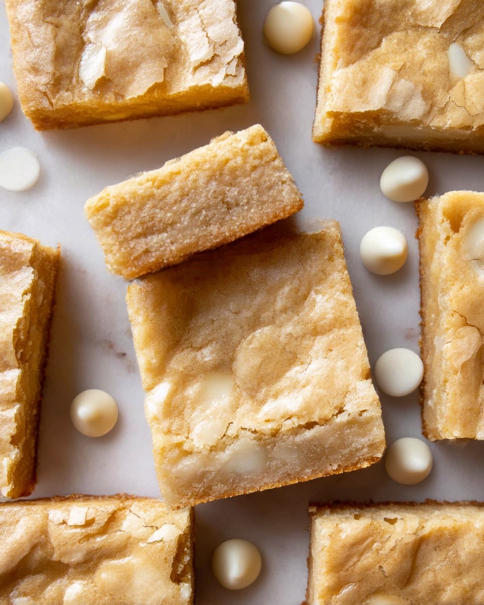 The image shows several square blondie bars arranged closely on a white marbled surface. Each blondie has a top layer with a cracked, slightly glossy light golden color that suggests a crisp texture. The inside layers are soft and dense with a creamy, pale yellow tone. Scattered around the blondies are glossy white chocolate chips, adding a smooth contrast to the rough texture of the bars. One blondie is placed standing on its side, showing clearly the three layers: a crisp top, a soft middle, and a slightly firmer base, all in various shades of light golden brown. The overall look is warm and inviting. photo taken with an iphone --ar 4:5 --v 7